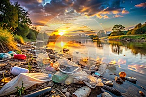 Sunrise River Pollution A Visual Testament to Plastic Waste and the Environmental Crisis