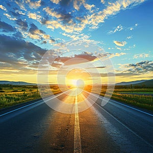 Sunrise Road, Summer Sunny Highway, Journey Landscape, Way to Sunlight Horizon, Copy Space