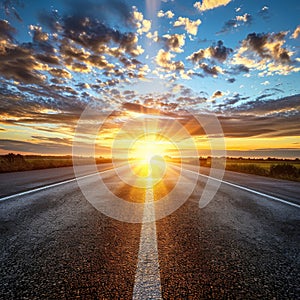 Sunrise Road, Summer Sunny Highway, Journey Landscape, Way to Sunlight Horizon, Copy Space