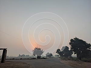 sunrise with road and trees in rural areas of Pakistan