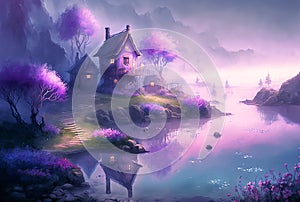 Sunrise scenery in fairyland, fantasy background, elf house on magical river, fabulous landscape