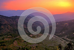 The Sunrise scenery of Yuenyang Hani Terrace in Yunnan , China