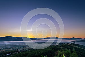 Sunrise and sea of clouds over Pai District at sunrise from Yun Lai Viewpoint