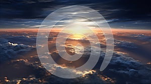 Sunrise seen from the air, dramatic view. Sky, heaven image. Generative AI.