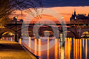 Sunrise on Seine River and Pond des Arts, Paris France