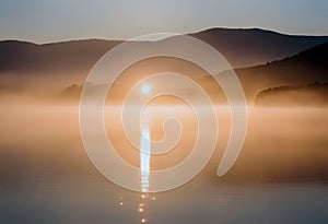 Sunrise Serenade: Misty Lake at Dawn