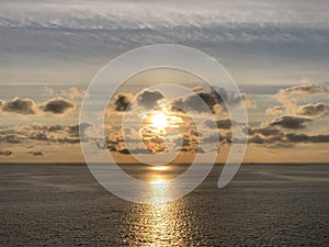 Sunrise from the ship sailing in the Baltic Sea near Halland County coast, Sweden, September 2022
