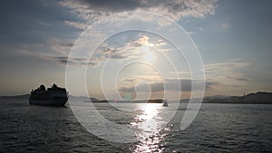 Sunrise ship sea waves ocean islands colors summer time boat travel vacation photo