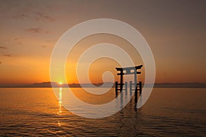 The sunrise of Shirahige Shrine on the Biwa Lake