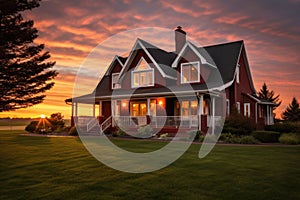 a sunrise shoot with a red brick farmhouse featuring gabled entry