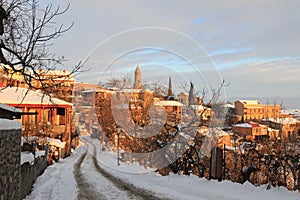 The sunrise in Sighnaghi town in winter