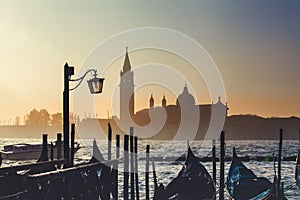 Sunrise skyline of San Giorgio Maggiore and gondolas, Venice, Italy