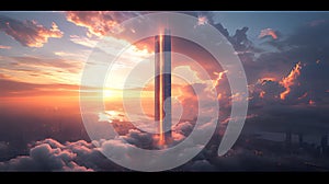 Sunrise Skyscraper Piercing Clouds Above City