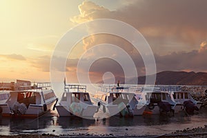 Sunrise in a small harbor the Sun island, lake Titicaca,Bolivia