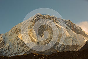 Sunrise on snow capped mountain on the way to everest base camp