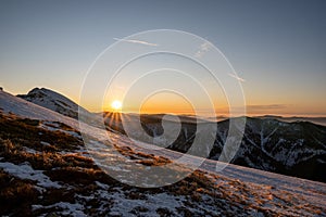 Sunrise in snowy mountains, Slovakia Low Tatras, dumbier