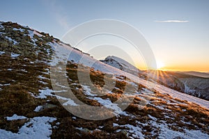 Sunrise in snowy mountains, Slovakia Low Tatras, dumbier