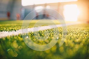 Sunrise at Soccer Football Pitch. Close-up Image of Football Field White Sideline