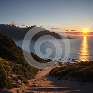 Sunrise at summit hiking track on Mount Maunganui, New Zealand made with Generative AI