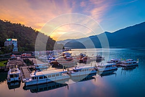 sunrise at sun moon lake in nantou, taiwan