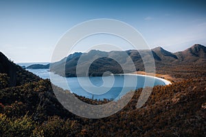 Sunrise Sunset Aerial view of Wineglass Bay beach and mount amos. Freycinet Park, Tasmania, Australia