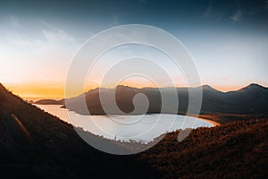 Sunrise Sunset Aerial view of Wineglass Bay beach and mount amos. Freycinet Park, Tasmania, Australia