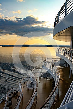 Sunrise or Sunset from the aft deck of a cruise ship across the ocean, Baltic Sea.