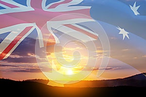 Sunrise or sunset and Australia flag. Anzac Day.