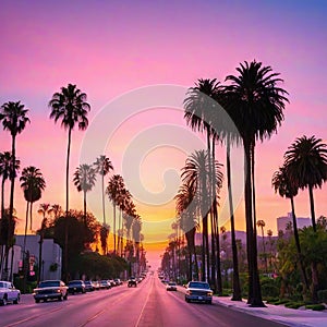 Sunrise at sunset boulevard with pink sky and the palm tree lined photo