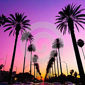 Sunrise at sunset boulevard with pink sky and the palm tree lined photo