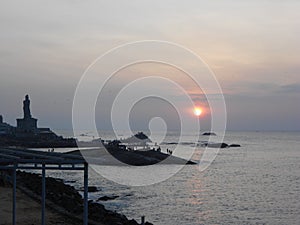 Sunrise, sunset, Cape comorin, Kanyakumari, Tamilnadu