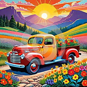 Sunrise sunset country drive retro car pickup roadside flowers