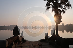 Sunrise , sunset over lake in angkor wat with sun reflecting in the water and palm and snake statue in foreground