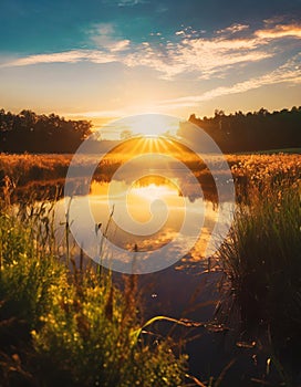 Sunrise or sunset pond on the field in country landscape