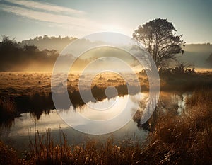 Sunrise or sunset pond on the misty field in countryside autumn landscape