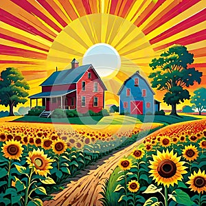 Sunrise sunset rural farm house sunflower crop field