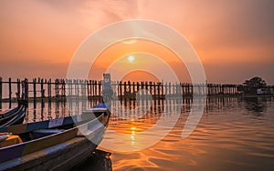 Sunrise and sunset at U bein bridge Amarapura, Mandalay, Myanmar. photo