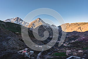 Sunrise sunset view towards High Atlas Mountains in Imlil. Mountain range in central Morocco, North Africa. Beautiful