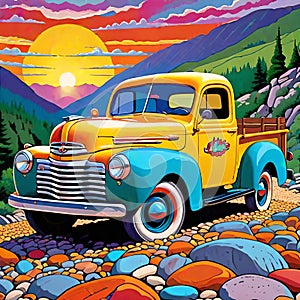 Sunrise sunset vintage car pickup colorful pebble stone road