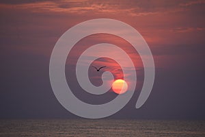 The sunrise takes a dark red and orange hue as it rises over the dark grey cloudbank