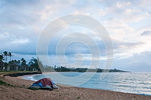 At sunrise, Tent on the beach at Kapaa on island of Kauai