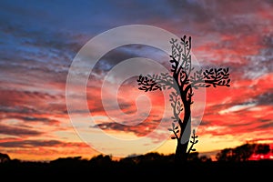 Sunrise Tree Cross Red Sky