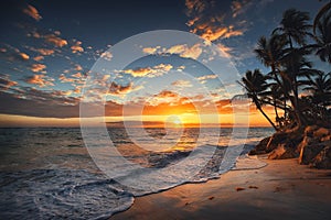 Sunrise on a tropical island. Palm trees on sandy beach.