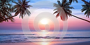 Sunrise tropical island sea beach, ocean sunset, morning dawn landscape, palm tree, blue water, soft pink sky, summer holidays