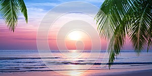 Sunrise tropical island sea beach, ocean sunset, morning dawn landscape, palm tree, blue water, soft pink sky, summer holidays