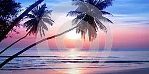 Sunrise tropical island sea beach, ocean sunset, morning dawn landscape, palm tree, blue water, soft pink sky, summer holidays