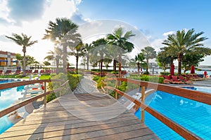 Sunrise at the tropical swimming pool