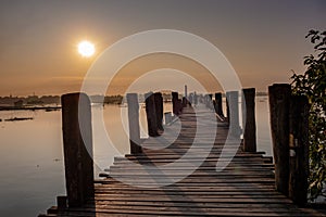 Sunrise on U Bein bridge near Mandalay in Myanmar