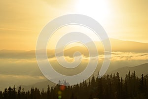 Sunrise in the Ukrainian Carpathian Mountains. Sun Rising over Hoverla Mountain, Highest Point of Ukraine.