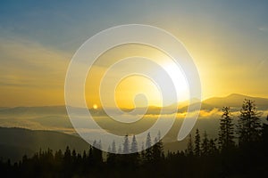 Sunrise in the Ukrainian Carpathian Mountains. Sun Rising over Hoverla Mountain, Highest Point of Ukraine.